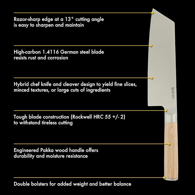Babish 7.5-Inch Clef Knife – High-Carbon 1.4116 German Steel Kitchen Knife with Light Pakka Wood Handle, Chef & Cleaver Hybrid for Chopping, Slicing & Prep, Full-Tang, Razor Sharp, Ergonomic Design