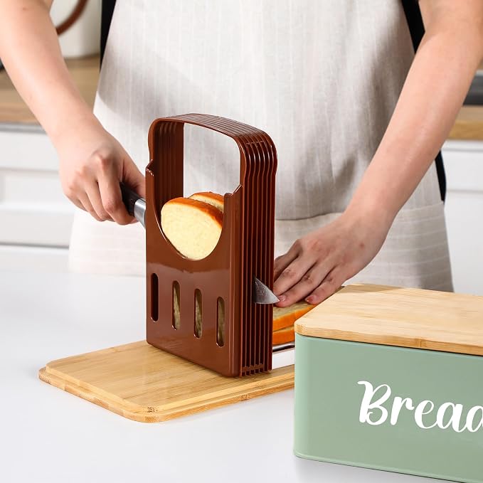 Teenyyou 2 Pcs Extra Large Bread Box with Slicer, Metal Bread Storage Container with Bamboo Cutting Board Lids, 2 Sizes Farmhouse Breadbox Set for Kitchen Countertop(Sage Green)