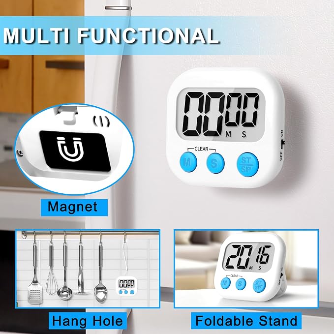 ZILLEEN Digital Kitchen Timers for Cooking Kids White 6 Pack | Strong Magnetic, Large Screen, Big Button, Timers for Kids Classroom Cooking Egg Teacher Exercise Study