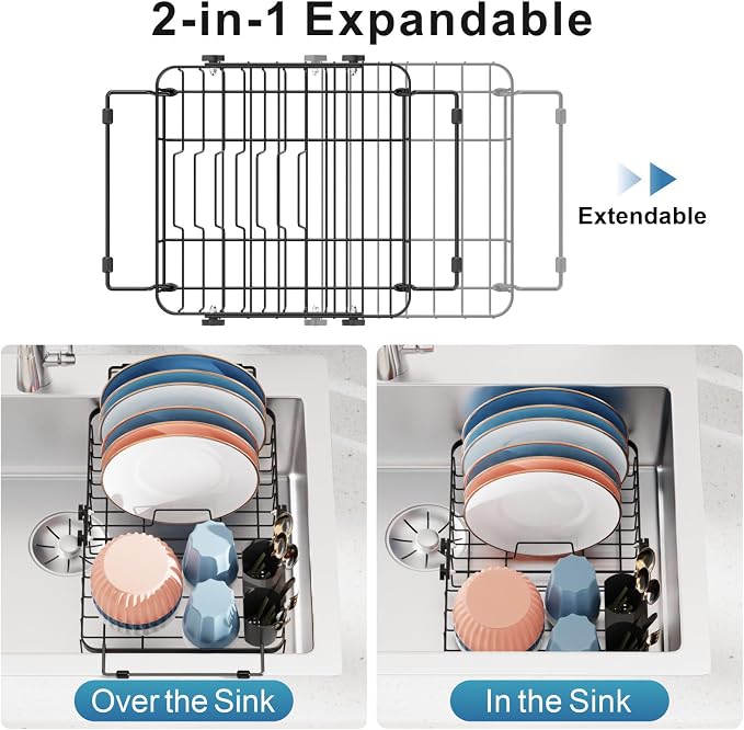 Dish Drying Rack Over the Sink - Expandable Rust-Resistant Drainer | Twist-Lock Adjustment, Removable Utensil Holder, Handles with Non-Slip Beads, Space-Saving for Kitchen Apartment, RV