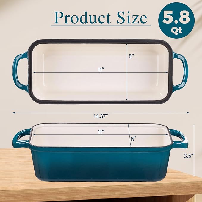 11x5 Inch Cast Iron Loaf Pan with Lid, Sourdough Bread Baking | Large Loaf Pans for Baking Bread, Even Heat Distribution Dutch Oven Bread Pan for Homemade Bread, Meatloaf (5.8Qt, Teal)
