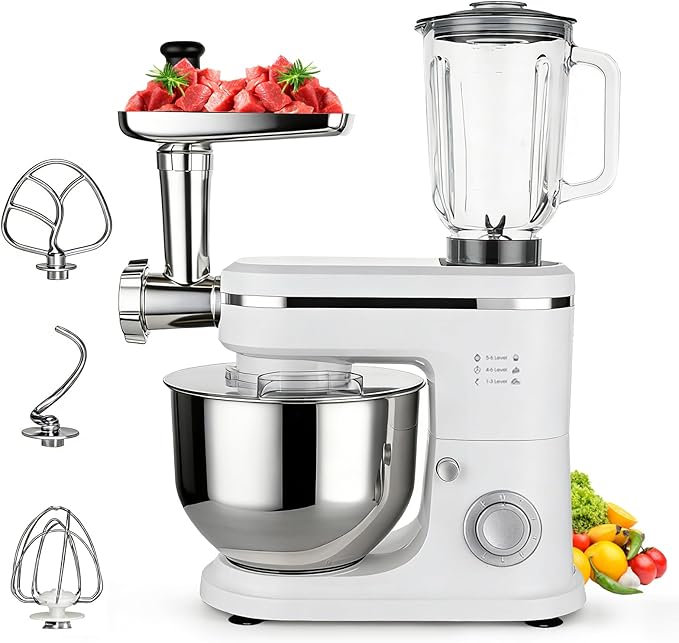 3-in-1 Stand Mixer with Meat Grinder Juicer for Kitchen | 6 Quart Tilt-Head Electric Mixer with Stainless Steel Bowl, 6+P Speeds, Dough Hook, Beater & Whisk