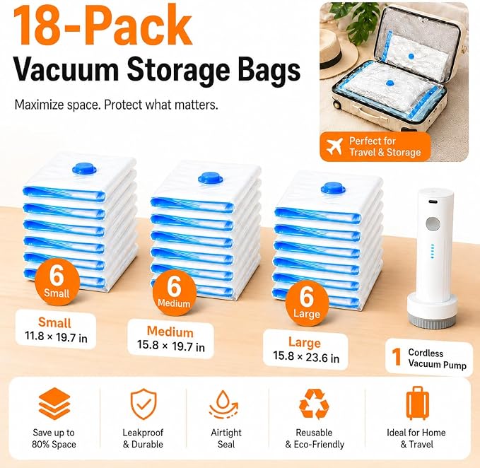 18 Pack Vacuum Bags for Travel with Rechargeable Pump, Save Luggage Space | Transparent Bag Design for Easy Clothing Organization, 1500mAh USB-C Wireless Pump, Ideal for Suitcases, Backpacks, Wardrobes