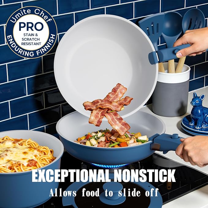 Umite Chef Pots and Pans Set Non Stick, 21 pcs Ceramic Cookware Set with Detachable Handles, Healthy Induction Cookware, RV Kitchen Cooking Set, with Utensils & Frying Pans Set, PFAS PFOA & PTFE Free