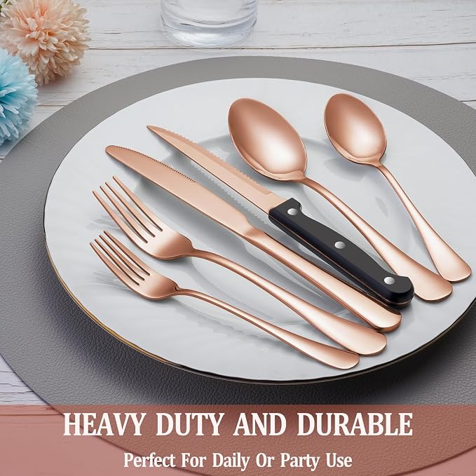 48 Pcs Rose Gold Silverware Set with Steak Knives, Stainless Steel Flatware Cutlery Set for 8, Kitchen Tableware Sets, Utensil Sets for Home and Restaurant, Dishwasher Safe