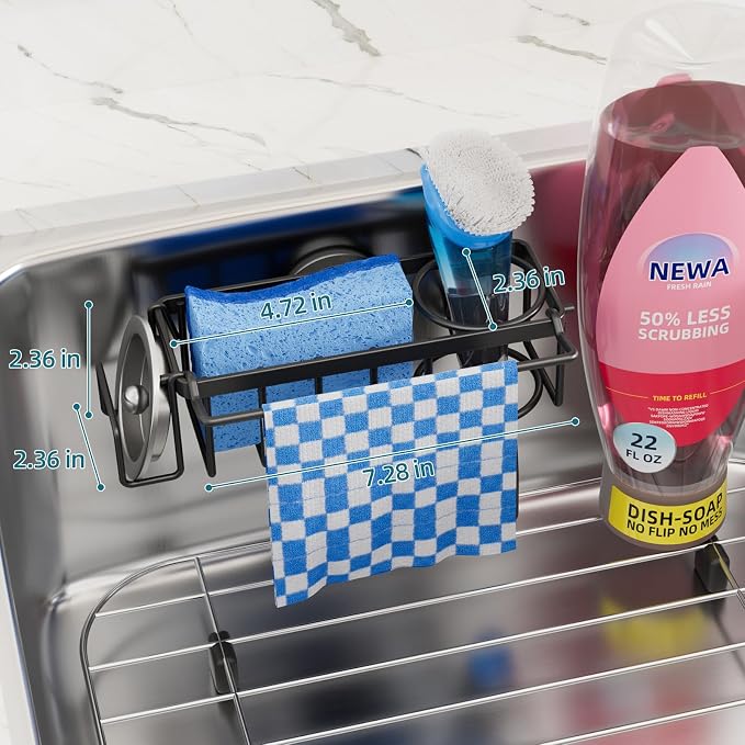 TAILI 4-in-1 Sink Caddy for Kitchen Sink with Strong Suction Cup-Black | Removable Sponge Holder for Kitchen Sink Organizer, Rustproof 304 Stainless Steel Holder for Sponge, Brush, Scrubber, Scraper
