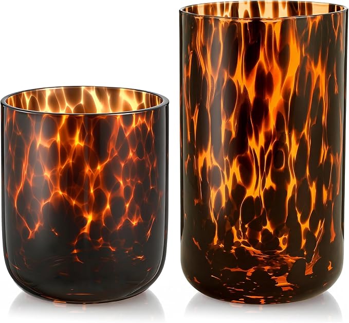 SiliFine Set of 2 Tortoise Shell Leopard Print Stemless Wine Glasses, 17oz & 14oz, Hand Blown Wine Glasses, Brown Glassware, Ideal Tumbler for Gin, Tequila, Gifts for Party