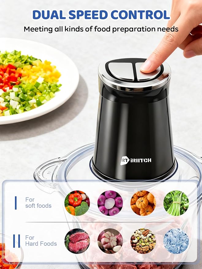 IRIITCH Food Processor with LED Timer, 800W Electric Chopper | 2 Bowls (12-cups Glass Bowl+12 cups Stainless Steel Bowl), 2 Set 6 Bi-Level S-Blades