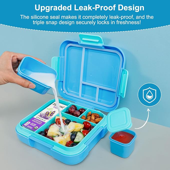 Caperci Bento Box for Kids Age 4-8 - Leak-Proof Toddler Lunch Box Container with 2 Modular Containers & 4 Compartments, Hold 4.8 Cups, Portable Handle, BPA-Free, Microwave/Dishwasher Safe (Sea Life)