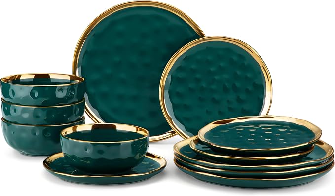 LOVECASA 12 Pieces Plates and Bowls Sets, Porcelain Green and Gold Dinnerware Sets, Round Dinner Plates Dishes Set Service for 4, Dishwasher Safe and Scratch Resistant, Green