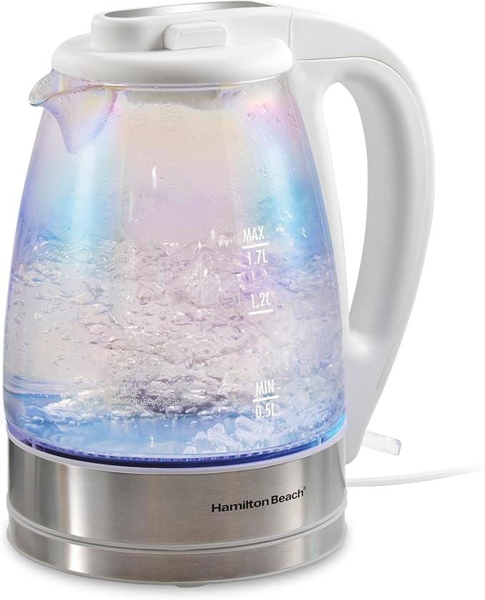 Hamilton Beach 1.7 Liter Electric Tea Kettle, Water Boiler & Heater | Fast Boiling 1500 Watts | BPA Free | Cordless Serving | Auto-Shutoff & Boil-Dry Protection | LED Indicator | Iridescent Glass