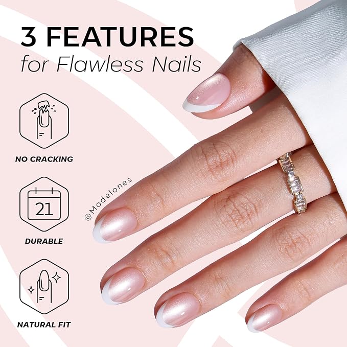modelones Cat Eye French Tip Press On Nails, Short Oval Fake Nails | Nails Press Ons with Nail Glue, Adhesive Tabs, Nail File, Prep Pad, Manicure Stick, 32Pcs 16 Sizes, Women Girl Gift