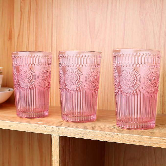 Loivttvv 6pcs Vintage Drinking Glasses Set, 12 oz Pink Highball Glasses, Embossed Ribbed Glassware Cups for Cocktail, Water, Juice, Coffee, Whiskey