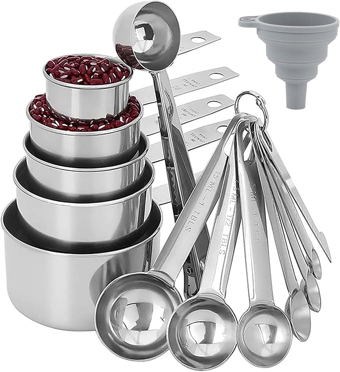 14pcs Measuring Spoons And Measuring Cups Set, Stainless Steel Measuring Cups And Spoons Set, 7 Spoons & 5 Measuring Spoons Measuring Rod & Funnels, Kitchen Gadgets Essentials Tools