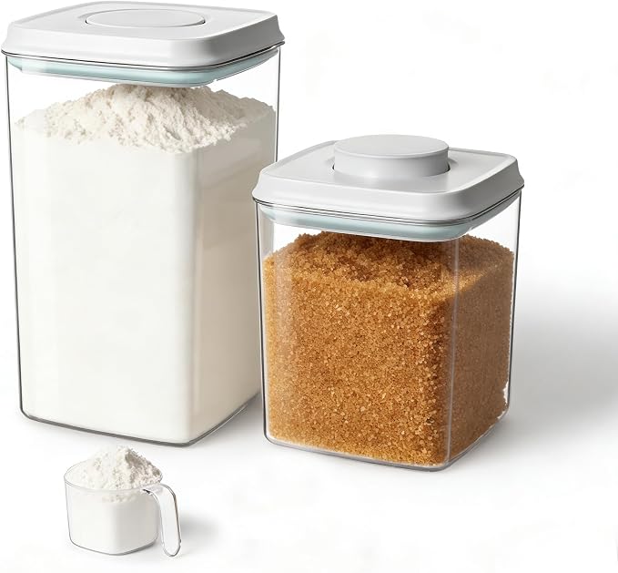 Food Storage Container Sets, 2.8 Qt + 4.2 Qt Airtight Canisters with Lids and 130ml Scoop, BPA-Free Plastic Pantry Containers for Flour, Sugar, Rice