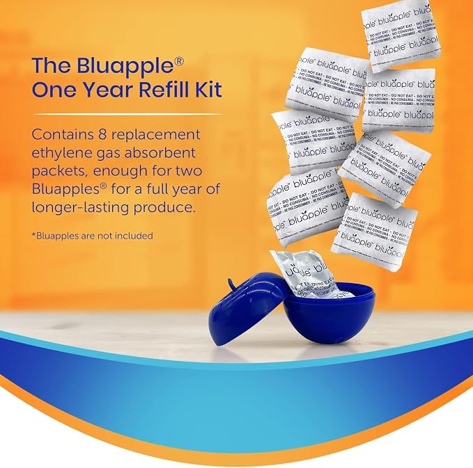 Bluapple Produce Saver Ethylene Gas Absorber - Fresh Fruit & Vegetable Storage, Food Savers for Refrigerator, 8 Packets (9g each), Each Packet Lasts 3 Months, Kitchen Must Haves, USA Made - Refill Kit