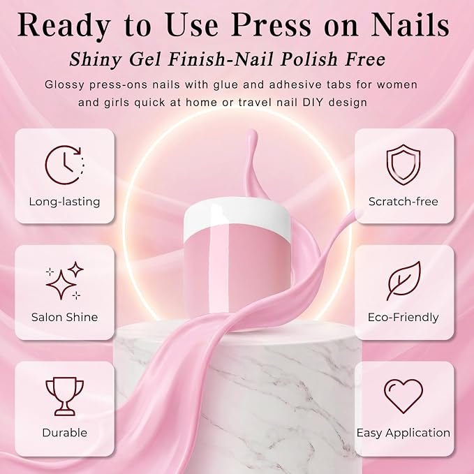 240pc Short French Tip Press on Nails Square Fake Nails with Glue Tabs | Short Nails Press ons Square Glue on Nails Pink Acrylic Nails Stick False Nail Artificial Fingernail for Women Girls
