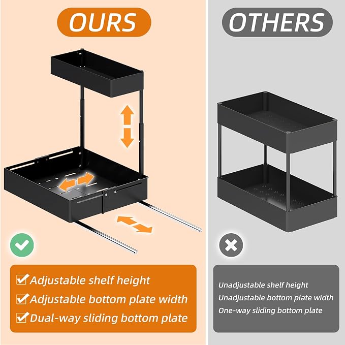 2 Tiers Metal Under Sink Organizer with Adjustable Height and Width, 2 Pack | Thickened Metal Pull Out Under Cabinet Organizer to Tidy, Sturdy Sliding Storage Shelf for Kitchen, Bathroom and Laundry