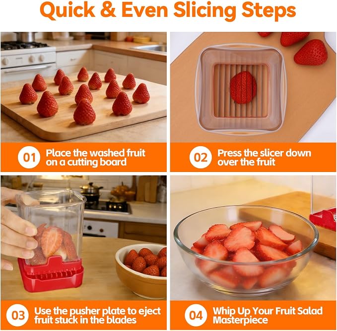 2 Pack Fruit Slicer Cup for Strawberry, Banana, Hard-Boiled Egg - Detachable Cutter with Push Plate - Rapid & Safe Slicing Kitchen Gadget for Quick Meal Prep(Black + Red)