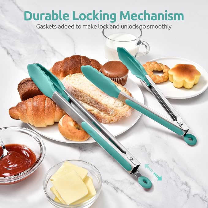 U-Taste Kitchen Tongs for Cooking, 600ºF Heat-Resistant Tps, 2Pcs/Aqua Sky | Silicone Tong Set 9/12in, Salad/Grill/BBQ Plastic Tong for Food Serving, Rubber Tipped Tong with 18/8 Stainless Steel Handle