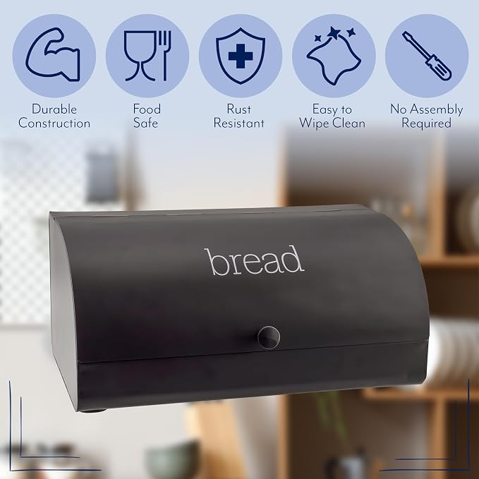 AuldHome Design Farmhouse Black Bread Box; Retro Vintage Style Enamel Countertop Bread Bin