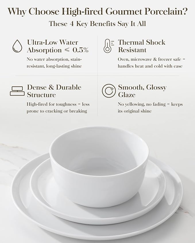 MALACASA 24-Piece Dinnerware Set for 6, White Porcelain Dishes | High-Fired Porcelain, Chip Resistant, Includes Dinner Plates, Salad Plates, Pasta and Cereal Bowls