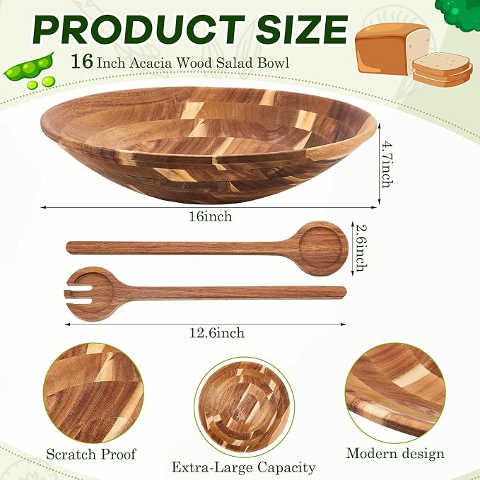 Geiserailie Extra Large 16 Inch Acacia Wood Salad Bowl Set Wooden Serving Bowl with Serving Utensils for Fruits, Pasta, Salad Farmhouse Kitchen for Housewarming Wedding Christmas Gift