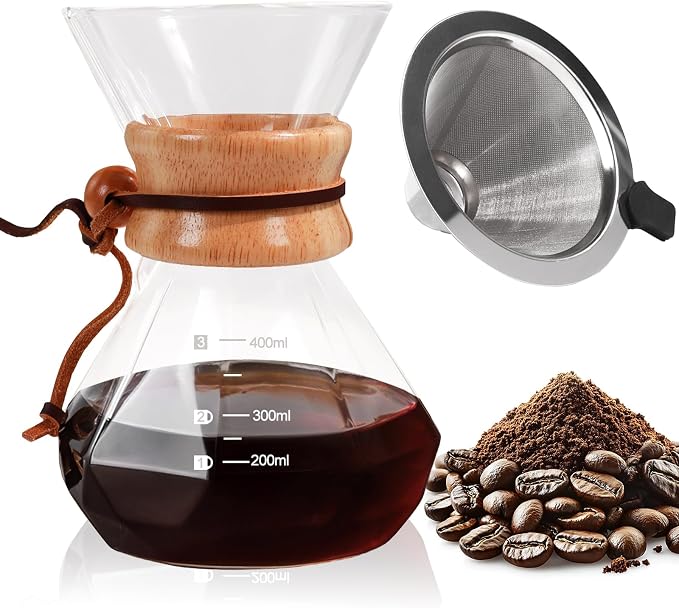 Pour Over Coffee Maker 400ml with 304 Stainless Steel Filter Wooden Collar Holder Borosilicate Glass Drip Coffeemaker Server Set Clear Hand Brew Dripper Carafe for Home Camping Travel 13.5oz