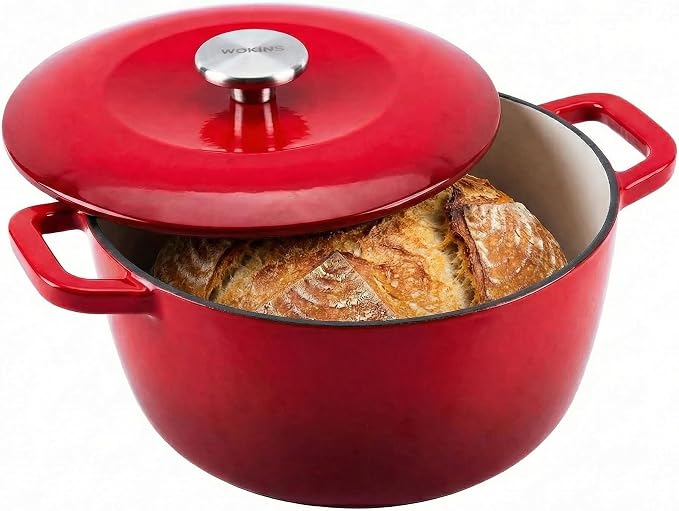 7QT Enameled Cast Iron Dutch Oven,Concave Self-Basting Lid,Red | Versatile,heavy-duty Large Dutch oven,PFAS-free,oven safe to 500°F,sourdough,braising/stews/roasting,Housewarming Gift