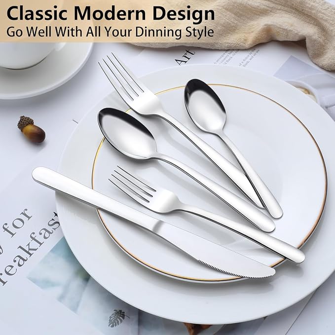 Pleafind 60-Piece Silverware Set Service for 12 - Stainless Steel Flatware Set with Forks, Spoons & Table Knives, Mirror Polished Cutlery Utensil Sets for Home and Restaurant, Dishwasher Safe