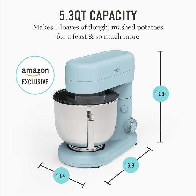 Martha Stewart 5.3QT Tilt Head Stand Mixer, 12 Speeds, Stainless Steel Bowl | Dough Hook, Stainless Whisk, Beater, Removable Splash Shield, Bread, Cake & Whipping, Electric Kitchen Mixer, Sky Blue