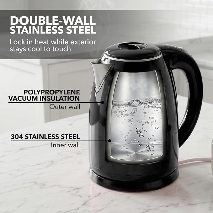 OVENTE 1.7L Double Wall Electric Tea Kettle, 1100W Power, Black KD64B | Water Boiler with Cool-Touch Exterior, Stainless Steel Interior, Auto Shut-Off, Boil-Dry Protection & Locking Lid, Easy Clean