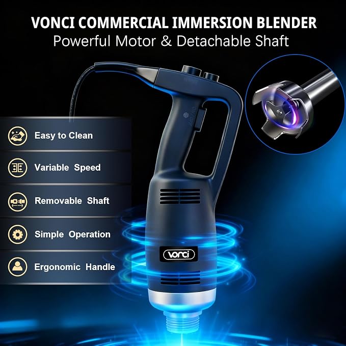 VONCI 500W Commercial Immersion Blender, 16" SUS 304 Removable Shaft, Heavy Duty Power Hand Mixer with Variable Speed 6000-20000RPM, Professional Electric Stick Blender for Restaurant Kitchen Use.