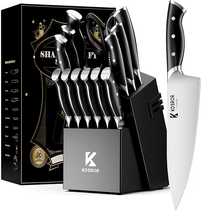 Kitchen Knife Set with Block & Dual Sharpener 15pc German Steel | Black full-tang ergo handle，For beginners. Dishwasher safe,easy to use，Covers 95% kitchen tasks，Gift box included