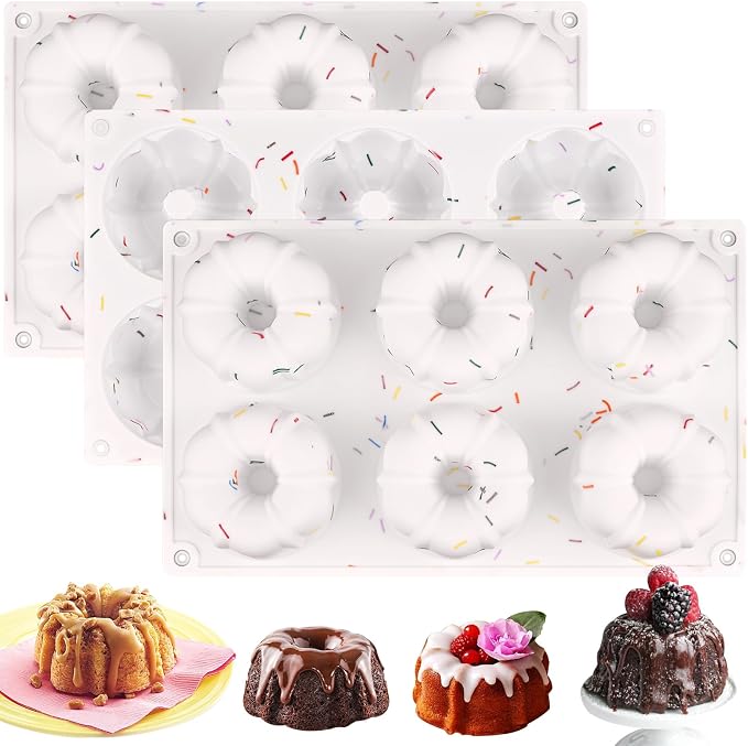 HUAKENER 3 Pcs Mini Fluted Cake Pan, 6-Cavity Fluted Tube Cake Pan | Non-stick Silicone Baking Mold for Cupcakes, Donuts, Muffins, Cornbread, Brownies, Jellies