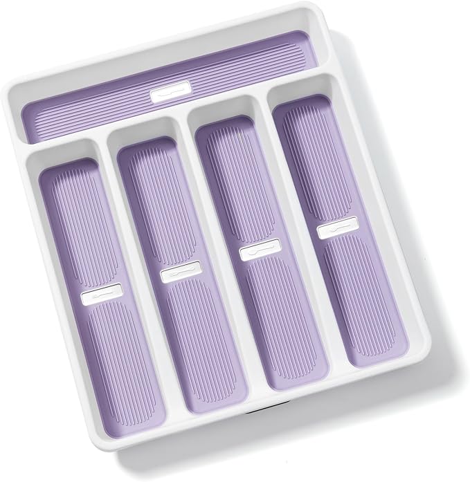 5-Compartment Silverware Organizer Tray with Icons for Kitchen Drawer | Non-slip TPR Linings，5-Compartment，High-quality Plastic，Fits Well In Standard Drawers，With Cutlery Icons