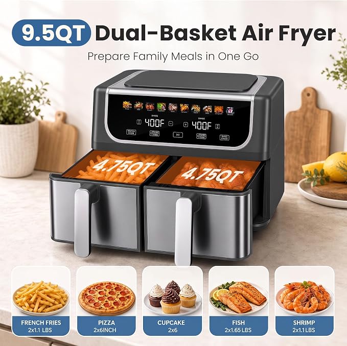 OLIXIS Dual Air Fryers with 2 Baskets 9.5 Quarts Large Airfryer 10-in-1 | Independent Temp Control 80-450°F, Ceramic Crisper Plate, Sync Setting, Shake Reminder, Bake Broil Defrost Dehydrate, Black