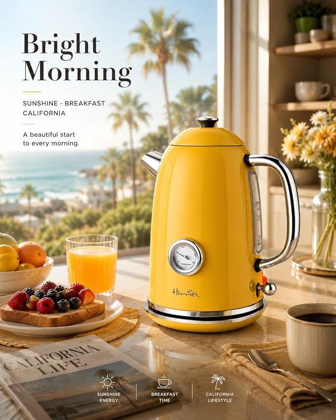 Harriet 61 oz Electric Kettle with Thermometer, Hot Water Pot, Retro | Electric Tea Kettle for Boiling Water, 1500W Stainless Steel Pot, Auto Shut-Off & Boil Dry Protection, Cordless LED Indicator
