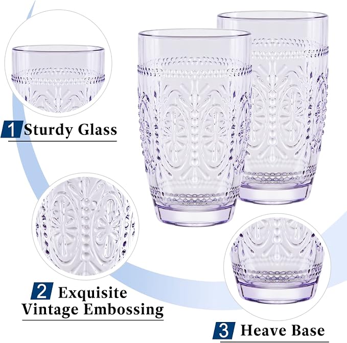 Colored Vintage Drinking Glasses Set of 4, 15.5 oz Romantic Embossed Water Glasses, Colored Tumblers Tempered Glass for Juice, Beverages, Beer, Cocktail