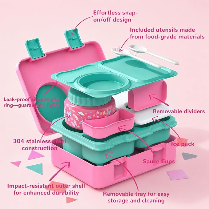 Bento Box for Kids, Leakproof Kids Lunch Box with 8.5OZ Thermo Food Jar & Lunch Bag, 3-4 Compartments Toddler Insulated Lunch Box for Girls, BPA Free Lunch Containers for School Daycare