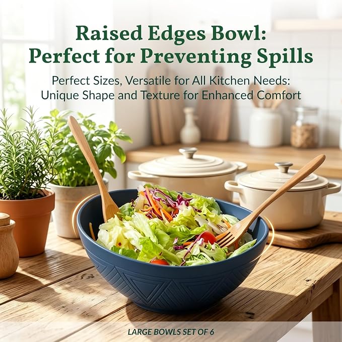 Wheat Straw Bowl Set of 6-60 OZ Large Salad Bowls,Microwave and Dishwasher Safe Bowl Set, Alternative for Plastic Bowls for Serving Soup,Popcorn Bowl for Kitchen - Blue
