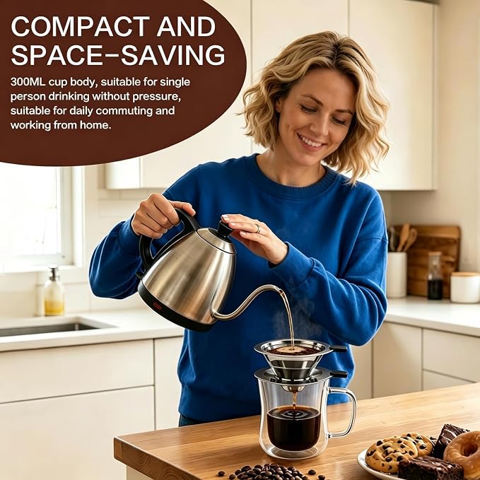 Pour Over Coffee Maker with glass Cup, 2-in-1 Immersion & drip coffee maker, Stainless Steel reusable coffee filter, Fits 3.3–4 Inch Cups, manual coffee brewer for Home Office Travel