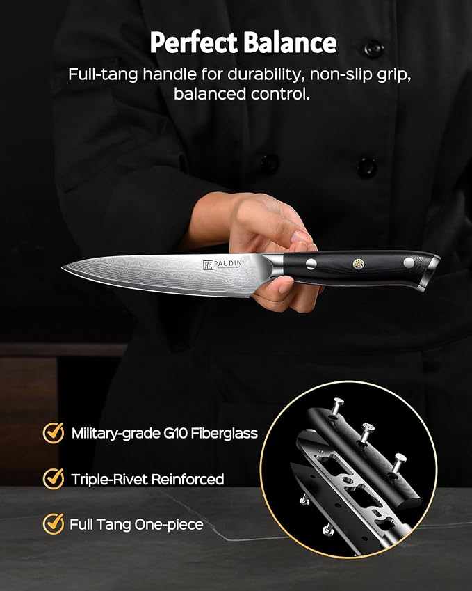 PAUDIN Utility Knife 5'', 67-Layer Forged Damascus Kitchen Knives | Ultra Sharp Petty Knife, Paring Knives for Cutting Fruit and Vegetables, Full Tang G10 Handle with Triple Rivets