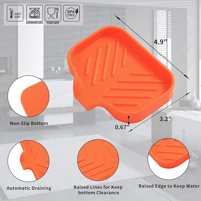 MicoYang Silicone Soap Dish with Drain Spout, Self-Draining Sink Organizer Tray for Bathroom and Kitchen, Sponges, Dispensers and Soap Holder, Non-Slip and Dishwasher Safe, Orange (Compact, 4.9"×3.2")