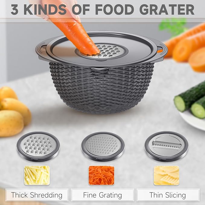 4-1 Colander with Lid Set - Rotatable Strainer With Bowl(Patented), Pasta Strainer with New Upgraded Graters, Strainer And Colanders, Fruit Cleaner, Veggie Wash, Apartment Kitchen Gadgets - Grey