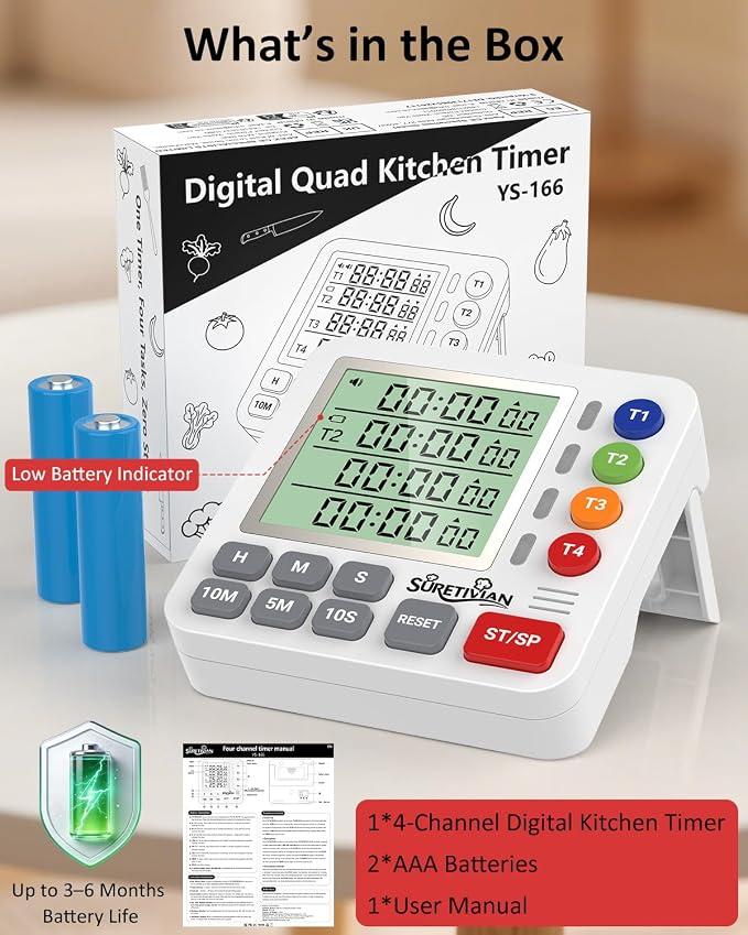 Digital Kitchen Timer with 4 Channel, Loud Alarm and Silent Mode | Magnetic Cooking Timer with Count Up & Countdown for Kids and Seniors, Large Display to Read, Auto Memory, Battery Included