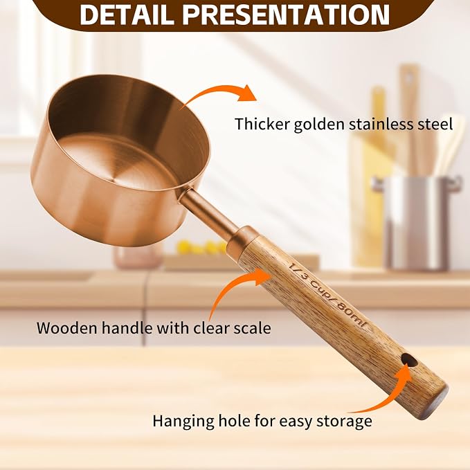 Copper Stainless Steel Measuring Cups and Spoons Set,8 Piece Measuring Cup Set with Wooden Handle and Metric and US Measurements，Copper Polished Finish，for Cooking and Baking in The Kitchen