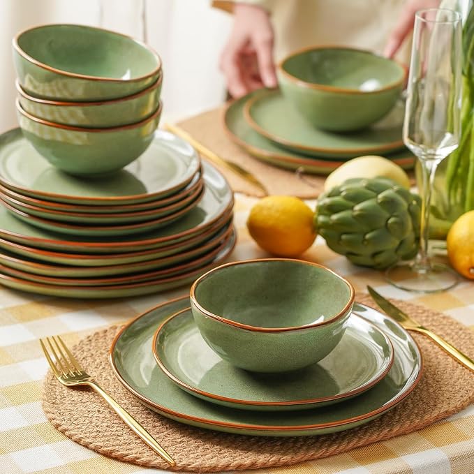 Stoneware Dinnerware Sets for 4, Reactive Glaze Plates and Bowls, Green | 12-Piece Handcrafted Rustic Porcelain Dishes Set, Highly Scratch Resistant, Dishwasher & Microwave Safe