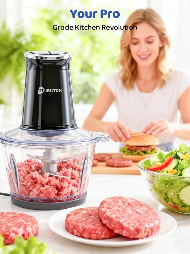 IRIITCH Food Processor with LED Timer, 800W Electric Chopper | 2 Bowls (12-cups Glass Bowl+12 cups Stainless Steel Bowl), 2 Set 6 Bi-Level S-Blades