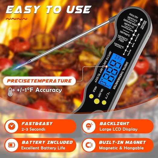 Instant Read Meat Thermometer, Fast & Accurate Digital Food Thermometer with Backlight, LCD Display, IPX6 Waterproof, Calibration Function for Cooking, Frying, Grilling, and Baking (Dark Gray)